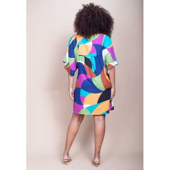 Vestido Curto Pequi Viscose Estampa Jardim Azul