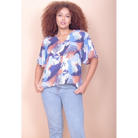 Blusa Gola V Manga Curta Estampa Jardim Celeste