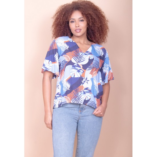 Blusa Gola V Manga Curta Estampa Jardim Celeste
