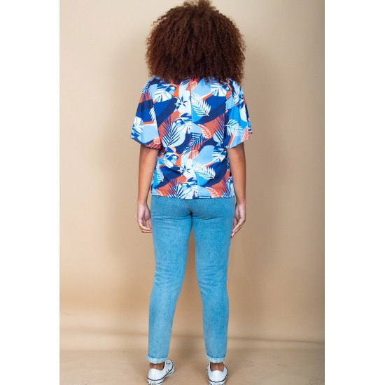 Blusa Gola V Manga Curta Estampa Jardim Celeste