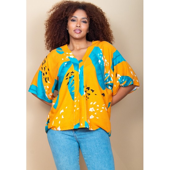 Blusa Gola V Manga Curta Estampa Aurora Botânica