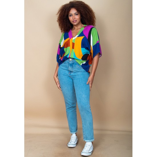 Blusa Gola V Manga Curta Estampa Jardim Azul