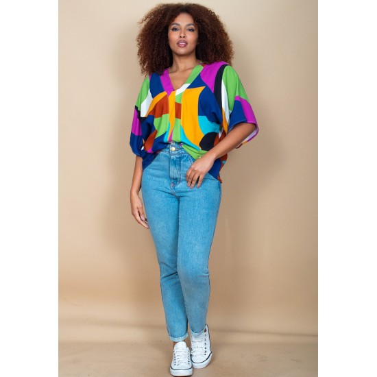 Blusa Gola V Manga Curta Estampa Jardim Azul