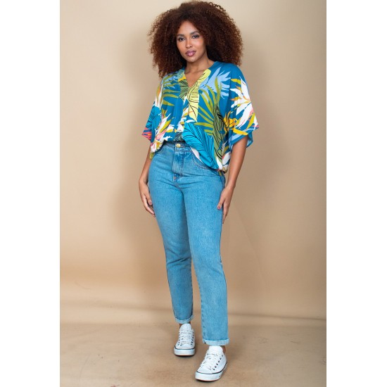 Blusa Gola V Manga Curta Estampa Brisa Botânica