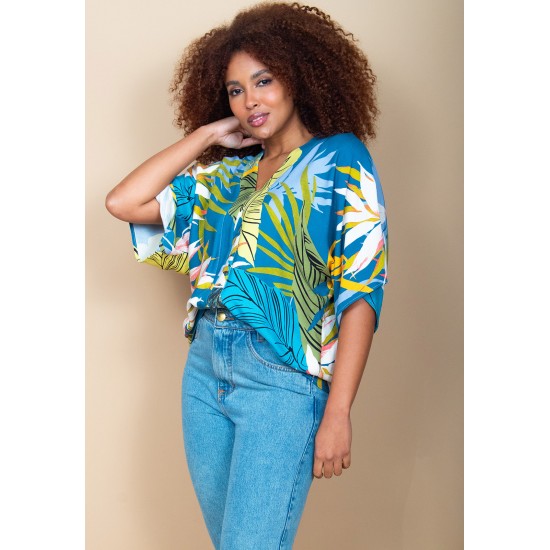 Blusa Gola V Manga Curta Estampa Brisa Botânica