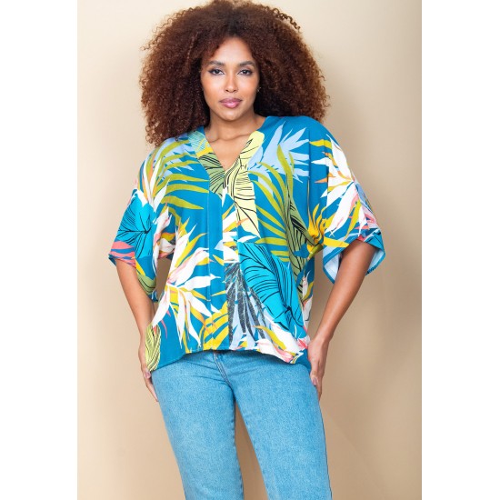 Blusa Gola V Manga Curta Estampa Brisa Botânica