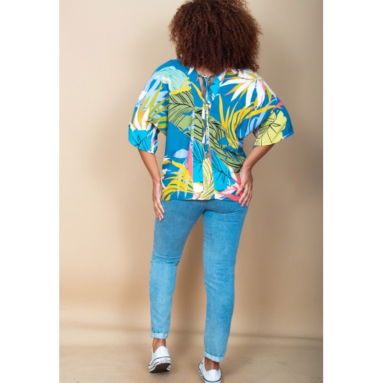 Blusa Gola V Manga Curta Estampa Brisa Botânica