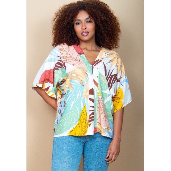 Blusa Gola V Manga Curta Estampa Aurora Suave