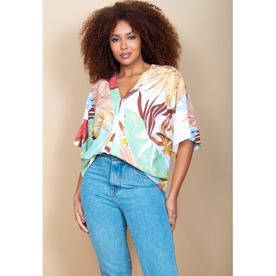 Blusa Gola V Manga Curta Estampa Aurora Suave