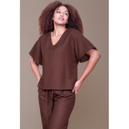 Blusa Gola V Manga Curta Marrom