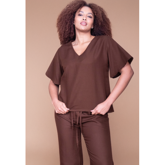 Blusa Gola V Manga Curta Marrom