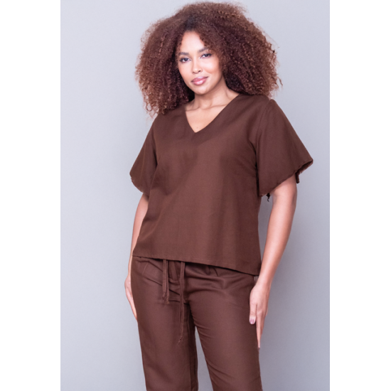 Blusa Gola V Manga Curta Marrom