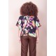 Blusa Gola V Manga Curta Estampa Noite Botânica