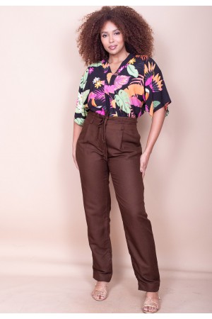 Blusa Gola V Manga Curta Estampa Noite Botânica
