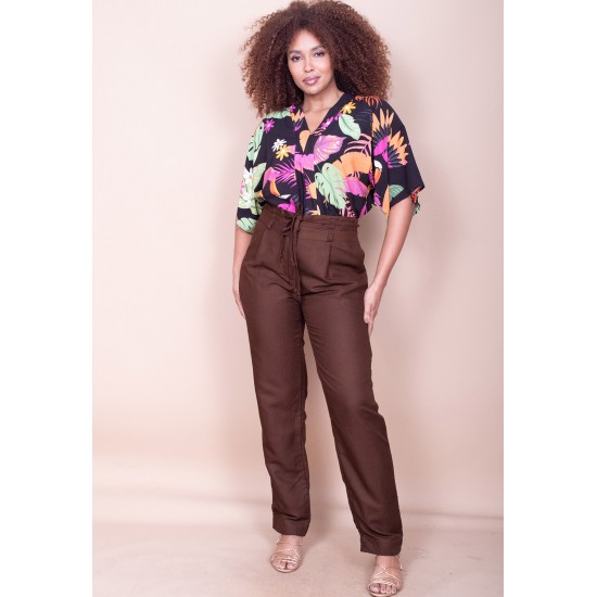 Blusa Gola V Manga Curta Estampa Noite Botânica