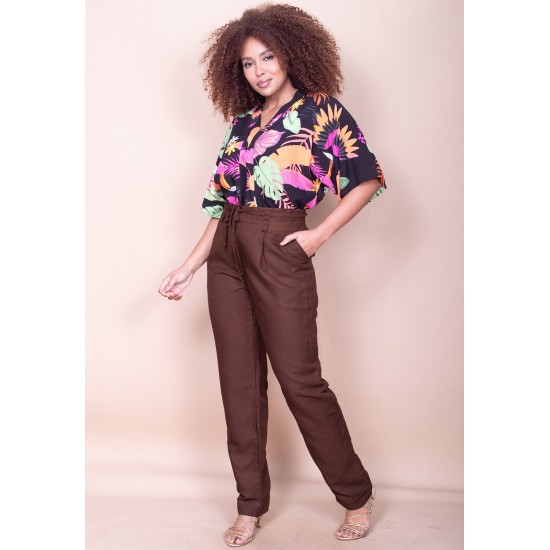 Blusa Gola V Manga Curta Estampa Noite Botânica