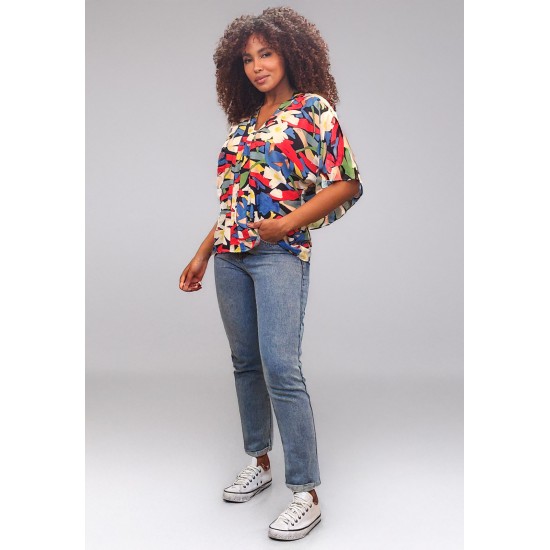 Blusa Gola V Manga Curta Estampa Floresce