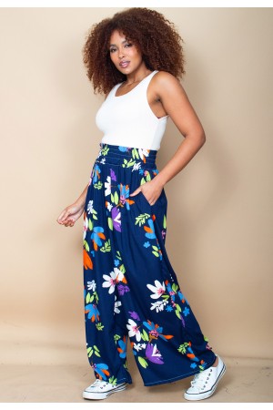 Calça Pantalona Elastic Embaú Estampa Festa das Flores Azul