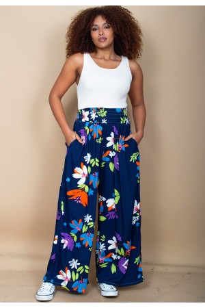 Calça Pantalona Elastic Embaú Estampa Festa das Flores Azul