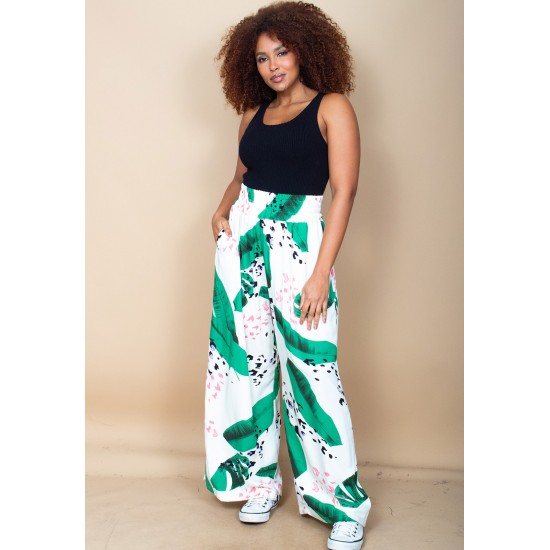 Calça Pantalona Elastic Embaú Estampa Folhagem Poética