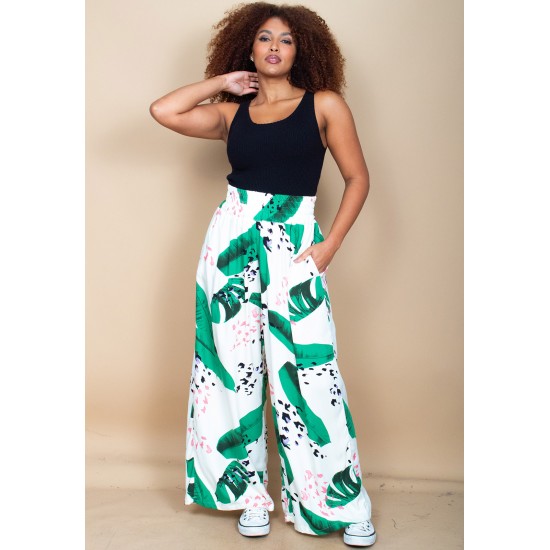 Calça Pantalona Elastic Embaú Estampa Folhagem Poética