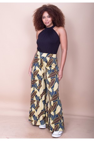 Calça Pantalona Granja Malha Estampa Folhas de Outono