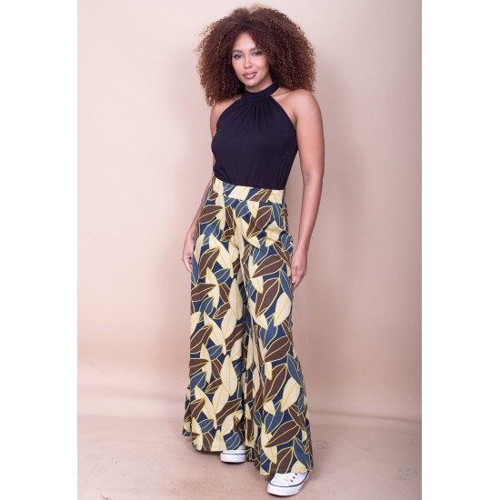 Calça Pantalona Granja Malha Estampa Folhas de Outono
