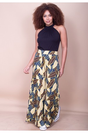 Calça Pantalona Granja Malha Estampa Folhas de Outono