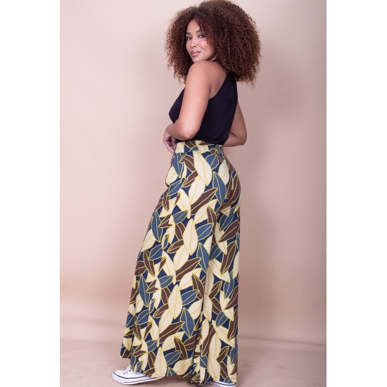 Calça Pantalona Granja Malha Estampa Folhas de Outono
