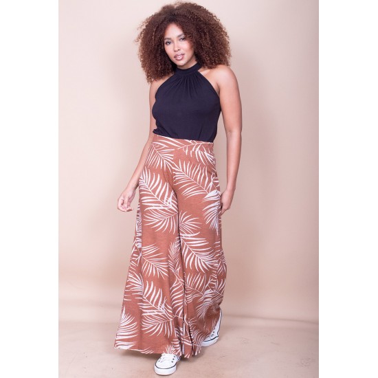 Calça Pantalona Granja Malha Estampa Palmas da Terra
