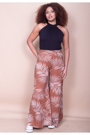 Calça Pantalona Granja Malha Estampa Palmas da Terra