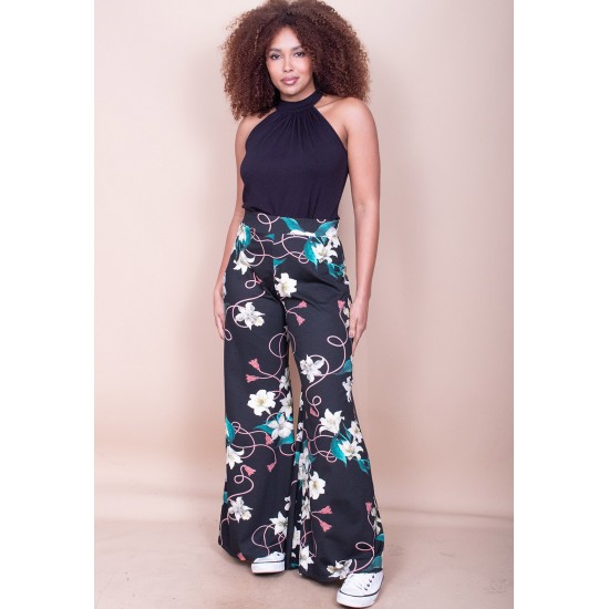 Calça Pantalona Granja Malha Estampa Flores Ebano