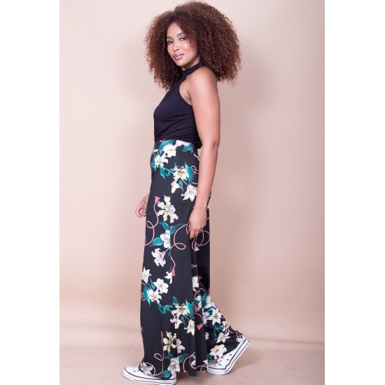 Calça Pantalona Granja Malha Estampa Flores Ebano