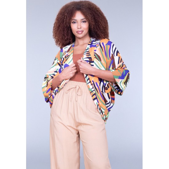Kimono Viscose Manga Ampla Estampa Cores Vibrantes