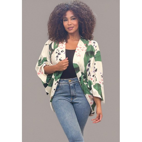 Kimono Viscose Manga Ampla Estampa Folhagem Poética