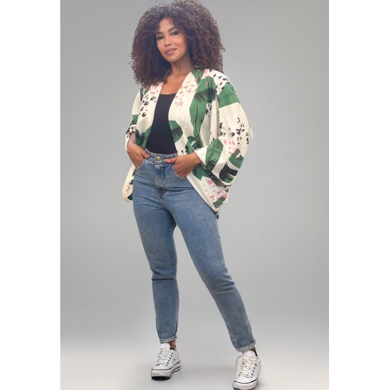 Kimono Viscose Manga Ampla Estampa Folhagem Poética
