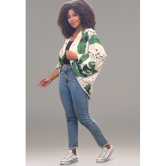 Kimono Viscose Manga Ampla Estampa Folhagem Poética