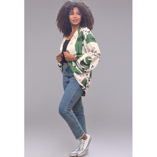 Kimono Viscose Manga Ampla Estampa Folhagem Poética
