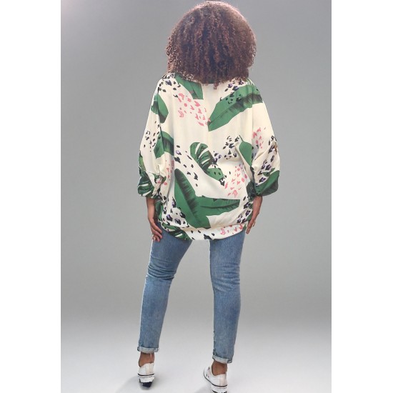 Kimono Viscose Manga Ampla Estampa Folhagem Poética