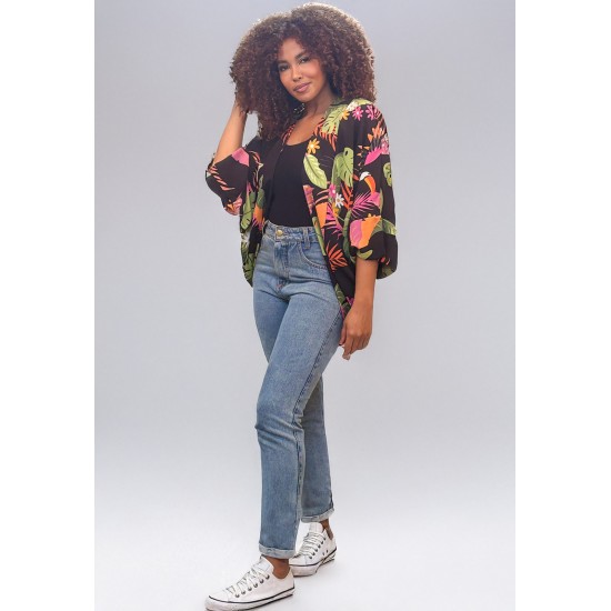 Kimono Viscose Manga Ampla Estampa Noite Botânica