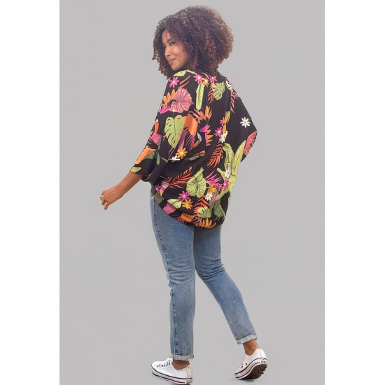 Kimono Viscose Manga Ampla Estampa Noite Botânica