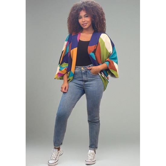 Kimono Viscose Manga Ampla Estampa Jardim Azul