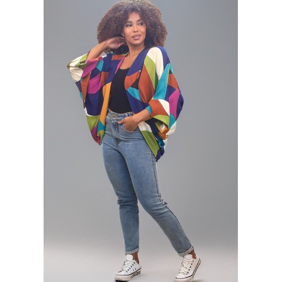 Kimono Viscose Manga Ampla Estampa Jardim Azul