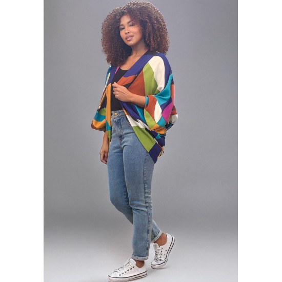 Kimono Viscose Manga Ampla Estampa Jardim Azul