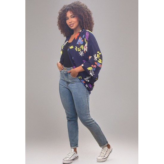 Kimono Viscose Manga Ampla Estampa Flores Azul