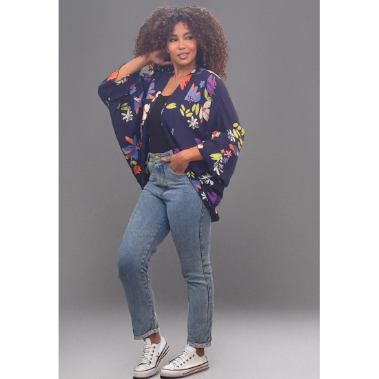 Kimono Viscose Manga Ampla Estampa Flores Azul