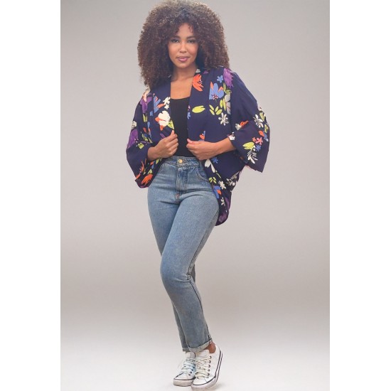 Kimono Viscose Manga Ampla Estampa Flores Azul