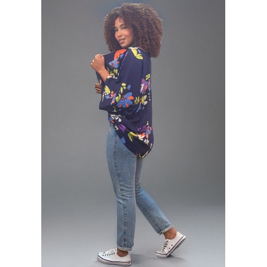 Kimono Viscose Manga Ampla Estampa Flores Azul