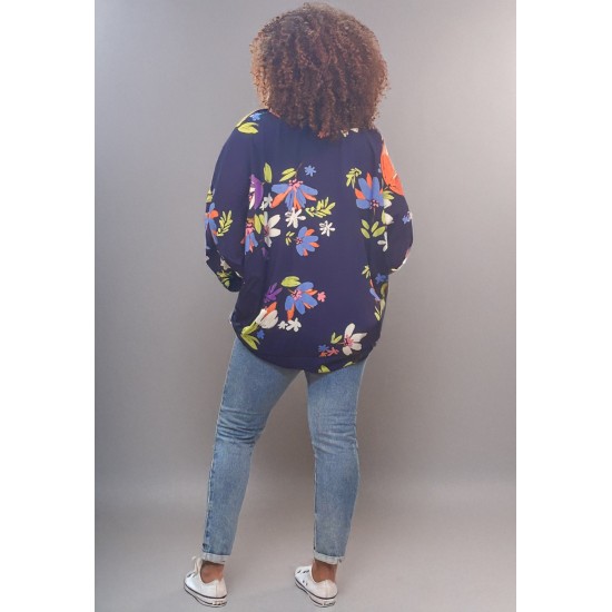 Kimono Viscose Manga Ampla Estampa Flores Azul