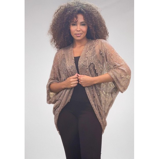 Kimono Ponto Tricot Manga Ampla Marrom